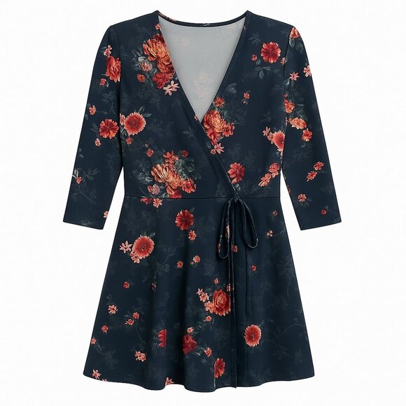 Charming Charlie's Women’s Wrap Dress Large Floral 3/4 Sleeve Fit & Flare - Picture 3 of 10